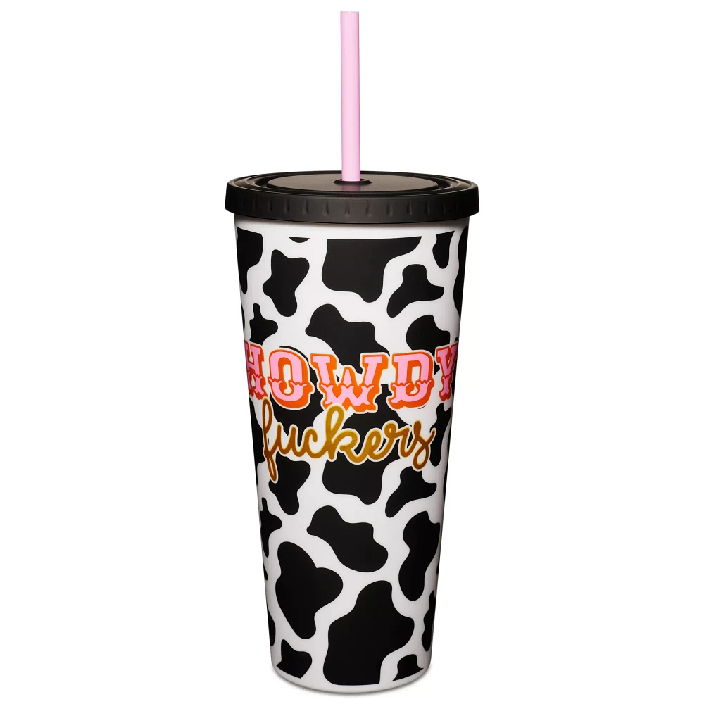 Howdy Fuckers Cow Print Cup with Straw- 20 oz.