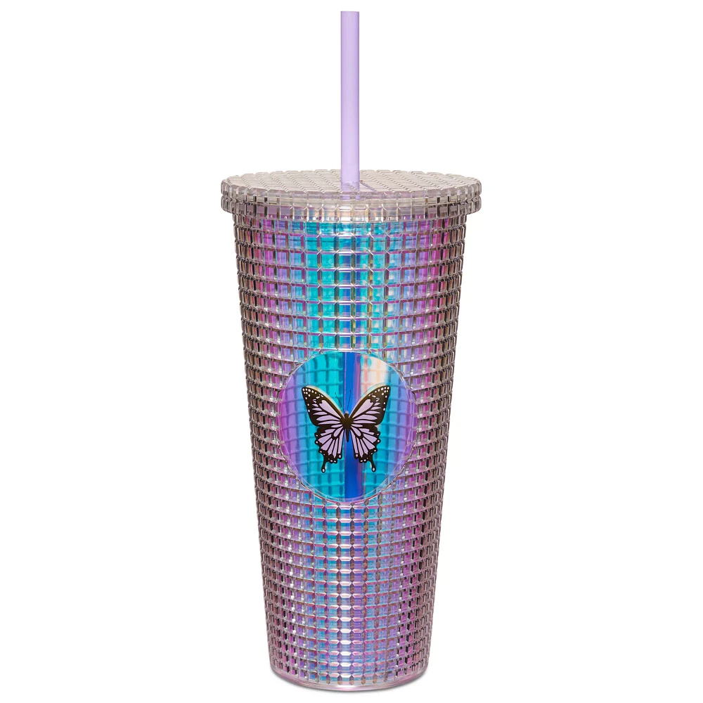 Iridescent Butterfly Textured Cup with Straw- 20 oz.