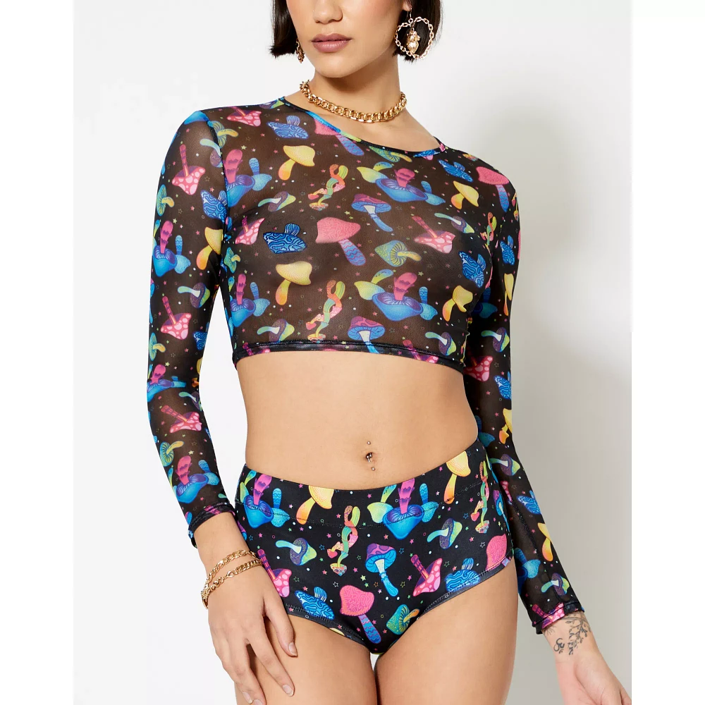 Long Sleeve Trippy Mushroom Mesh Crop Top