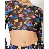 Long Sleeve Trippy Mushroom Mesh Crop Top