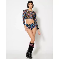 Long Sleeve Trippy Mushroom Mesh Crop Top