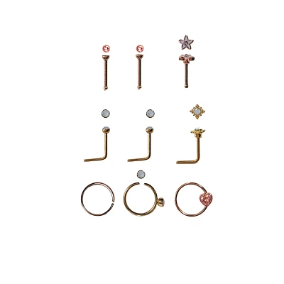 CZ Multi-Pack Flower Heart L-Bend Hoop and Bone Nose Rings 9 Pack - 20 Gauge