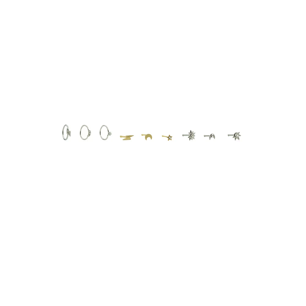 Multi-Pack Silvertone Celestial Pin and Hoop Nose Rings 9 Pack - 20 Gauge