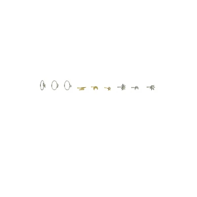 Multi-Pack Silvertone Celestial Pin and Hoop Nose Rings 9 Pack - 20 Gauge