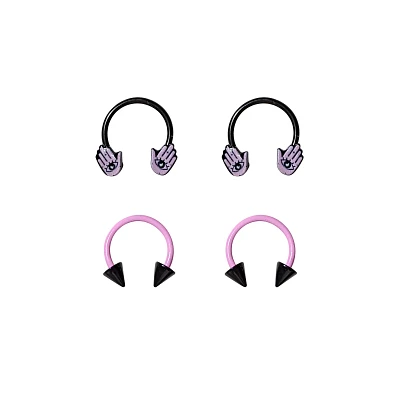 Multi-Pack Hamsa Hand and Pink and Black Spike Horseshoe Rings 2 Pair - 16 Gauge