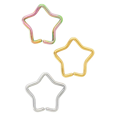 Multi-Pack Goldtone and Silvertone Star Hoop Nose Rings 3 Pack - 18 Gauge