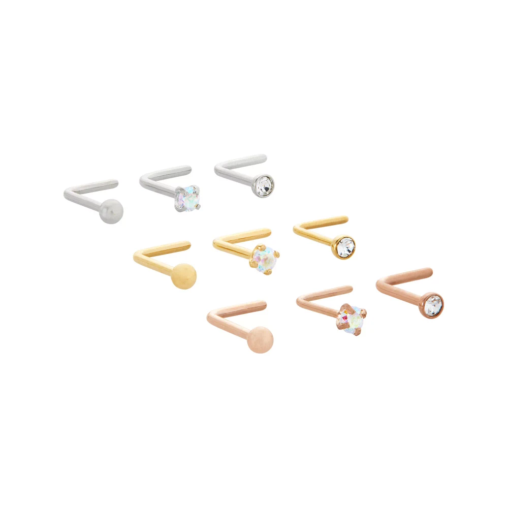 Multi-Pack CZ Goldtone and Rose Goldtone L-Bend Nose Rings 9 Pack - 20 Gauge