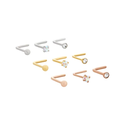 Multi-Pack CZ Goldtone and Rose Goldtone L-Bend Nose Rings 9 Pack - 20 Gauge