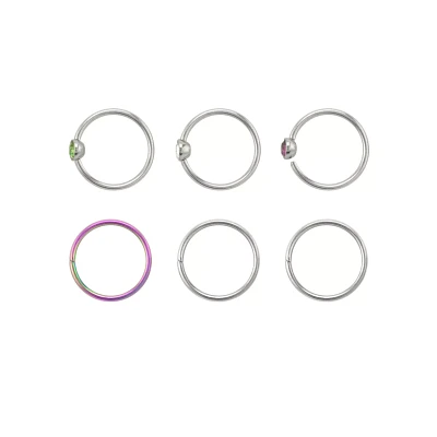 Multi-Pack Purple and Green CZ Seamless Hoop Nose Rings 6 Pack - 20 Gauge