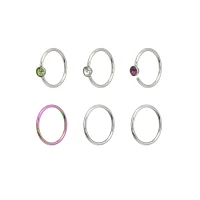 Multi-Pack Purple and Green CZ Seamless Hoop Nose Rings 6 Pack - 20 Gauge