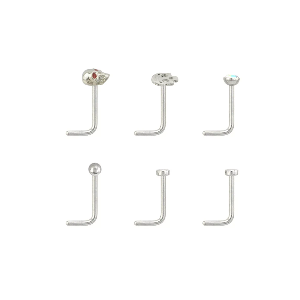 Multi-Pack Silvertone Opal L-Bend Nose Rings 6 Pack - 20 Gauge