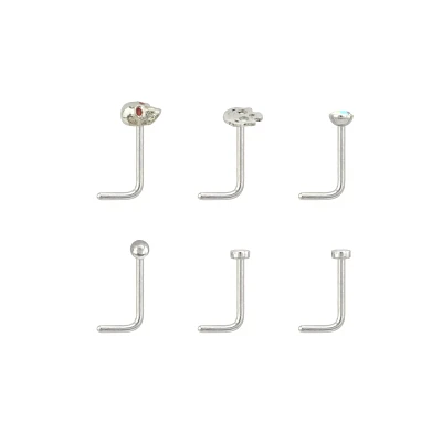 Multi-Pack Silvertone Opal L-Bend Nose Rings 6 Pack - 20 Gauge