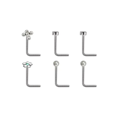 Multi-Pack Flower L-Bend Nose Rings 6 Pack - 20 Gauge