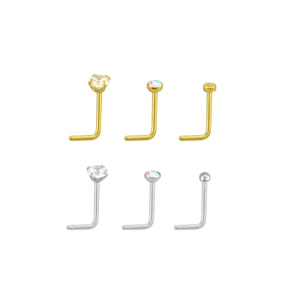 CZ Goldtone and Silvertone L-Bend Nose Rings 6 Pack - 20 Gauge
