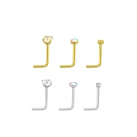 CZ Goldtone and Silvertone L-Bend Nose Rings 6 Pack - 20 Gauge