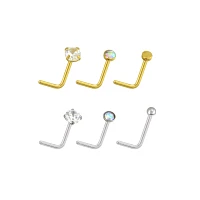 CZ Goldtone and Silvertone L-Bend Nose Rings 6 Pack - 20 Gauge