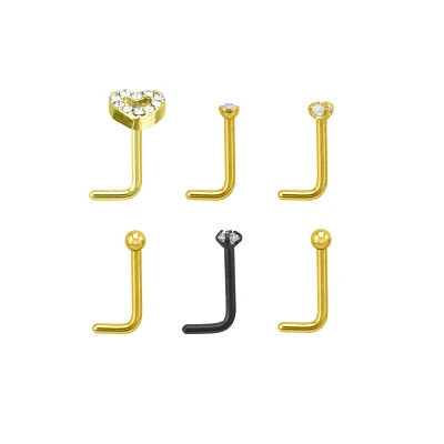 Multi-Pack Goldtone and Black Heart L-Bend Nose Rings 6 Pack - 20 Gauge
