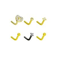 Multi-Pack Goldtone and Black Heart L-Bend Nose Rings 6 Pack - 20 Gauge