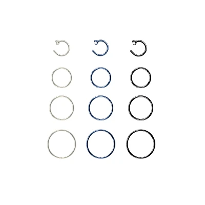 Multi-Pack CZ Silvertone Blue and Black Hoop Nose Rings 12 Pack - 20 Gauge