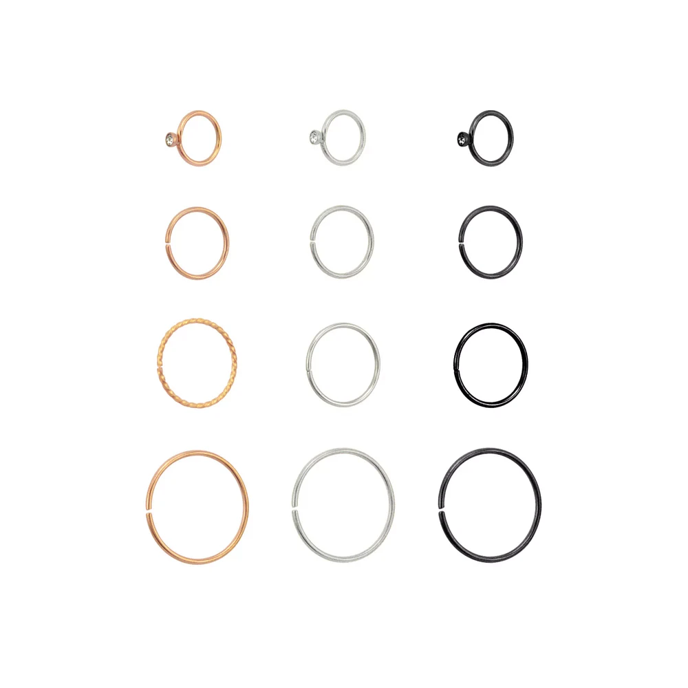Multi-Pack Silvertone Rose Gold and Black Hoop Nose Ring 12 Pack - 20 Gauge