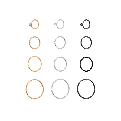 Multi-Pack Silvertone Rose Gold and Black Hoop Nose Ring 12 Pack - 20 Gauge