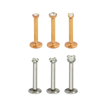 Multi-Pack CZ Rose Gold and Silvertone Labret Lip Rings 6 Pack - 16 Gauge
