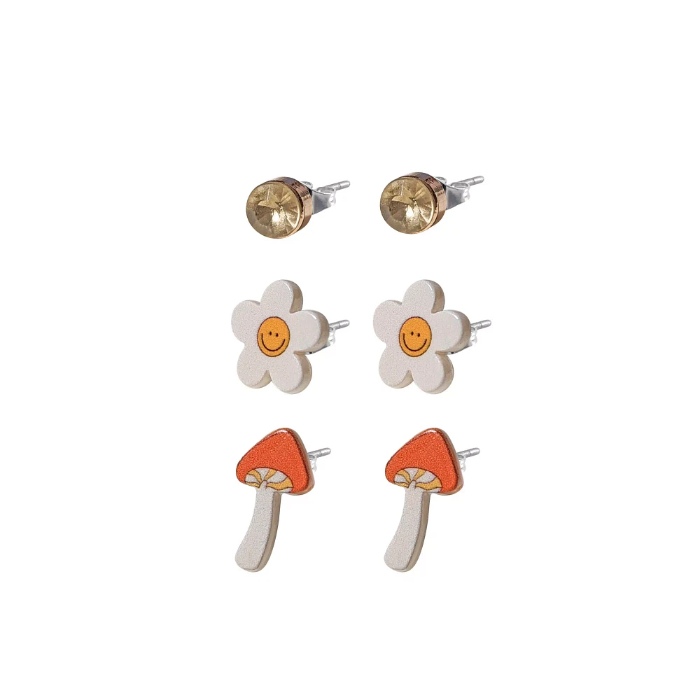 Multi-Pack CZ Happy Flower and Mushroom Stud Earrings- 3 Pair