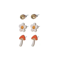 Multi-Pack CZ Happy Flower and Mushroom Stud Earrings- 3 Pair