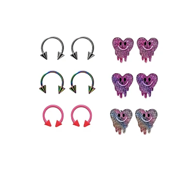 Multi-Pack Smiley Heart Horseshoe Rings and Dangle Earrings 6 Pack - 18 Gauge