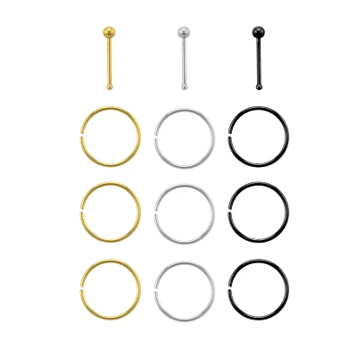Multi-Pack CZ Silvertone Goldtone and Black Pin Nose Ring and Hoop Nose Rings 12 Pack - 20 Gauge