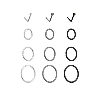 Multi-Pack Silvertone and Black L-Bend Hoop Nose Rings 12 Pack - 20 Gauge