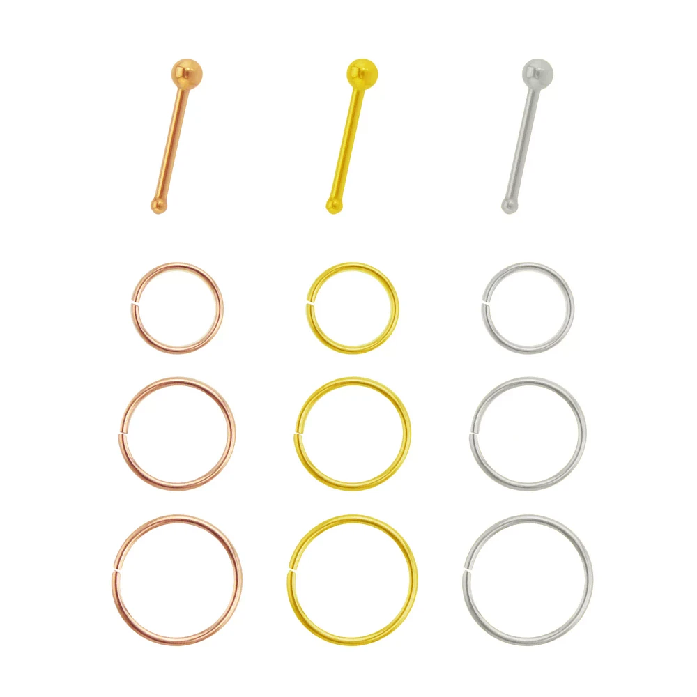 Multi-Pack Rose Goldtone Goldtone and Silvertone Hoop Nose Rings and Pin Nose Rings 12 Pack - 20 Gauge