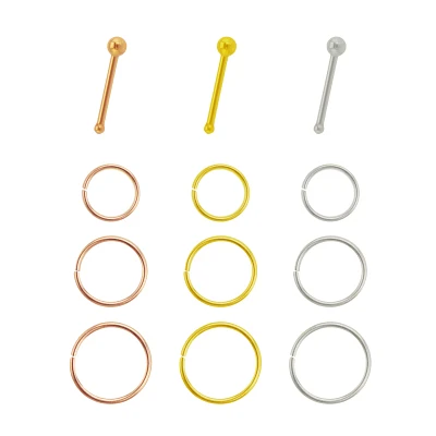 Multi-Pack Rose Goldtone Goldtone and Silvertone Hoop Nose Rings and Pin Nose Rings 12 Pack - 20 Gauge