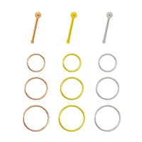 Multi-Pack Rose Goldtone Goldtone and Silvertone Hoop Nose Rings and Pin Nose Rings 12 Pack - 20 Gauge
