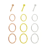 Multi-Pack Rose Goldtone Goldtone and Silvertone Hoop Nose Rings and Pin Nose Rings 12 Pack - 20 Gauge