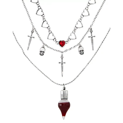 Heart Sword Skull Blood Vial Necklaces - 3 Pack