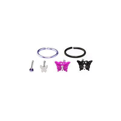 Multi-Pack Hot Pink Butterfly Seamless Hoops and Bone Nose Rings 6 Pack - 18 Gauge