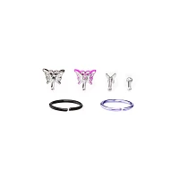 Multi-Pack Hot Pink Butterfly Seamless Hoops and Bone Nose Rings 6 Pack - 18 Gauge