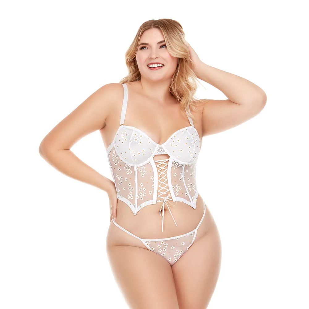 Plus White Lace-Up Mesh Cropped Bustier and G-String Panties Set