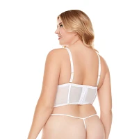 Plus White Lace-Up Mesh Cropped Bustier and G-String Panties Set