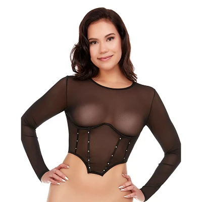Long Sleeve Black Mesh Studded Crop Top