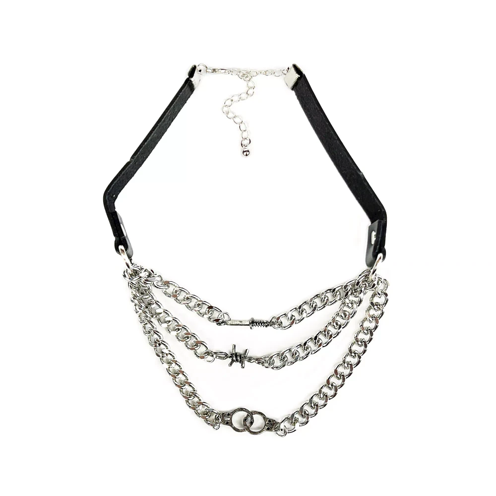 Dagger Barbed Wire and Handcuff Triple Row Chain Choker Necklace