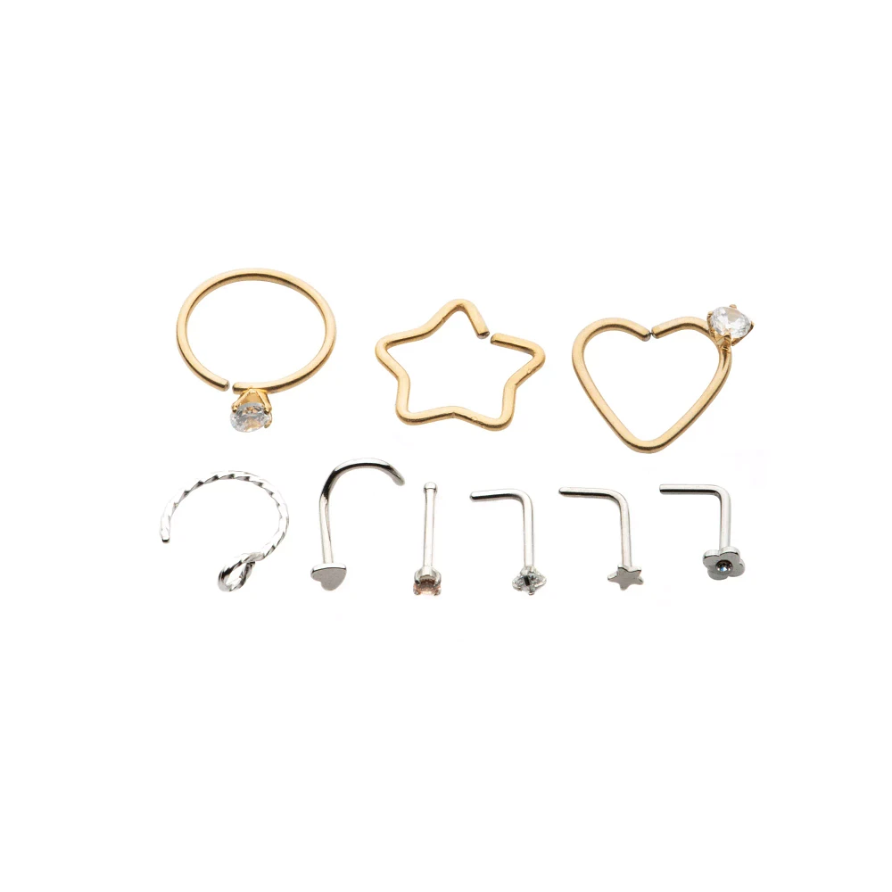 Multi-Pack Heart and Star Nose Hoops and L-Bend Pins 9 Pack - 20 Gauge