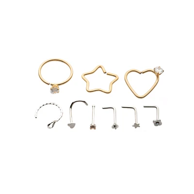 Multi-Pack Heart and Star Nose Hoops and L-Bend Pins 9 Pack - 20 Gauge