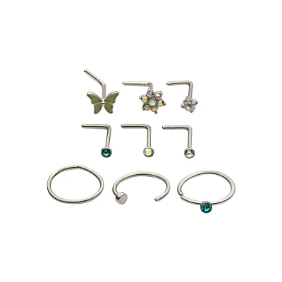 Multi-Pack Iridescent CZ Butterfly L-Bend Nose Pins 9 Pack - 20 Gauge