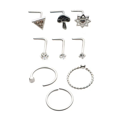 Multi-Pack CZ Mushroom Flower Hoop Nose Rings and L-Bend Nose Rings 9 Pack - 20 Gauge