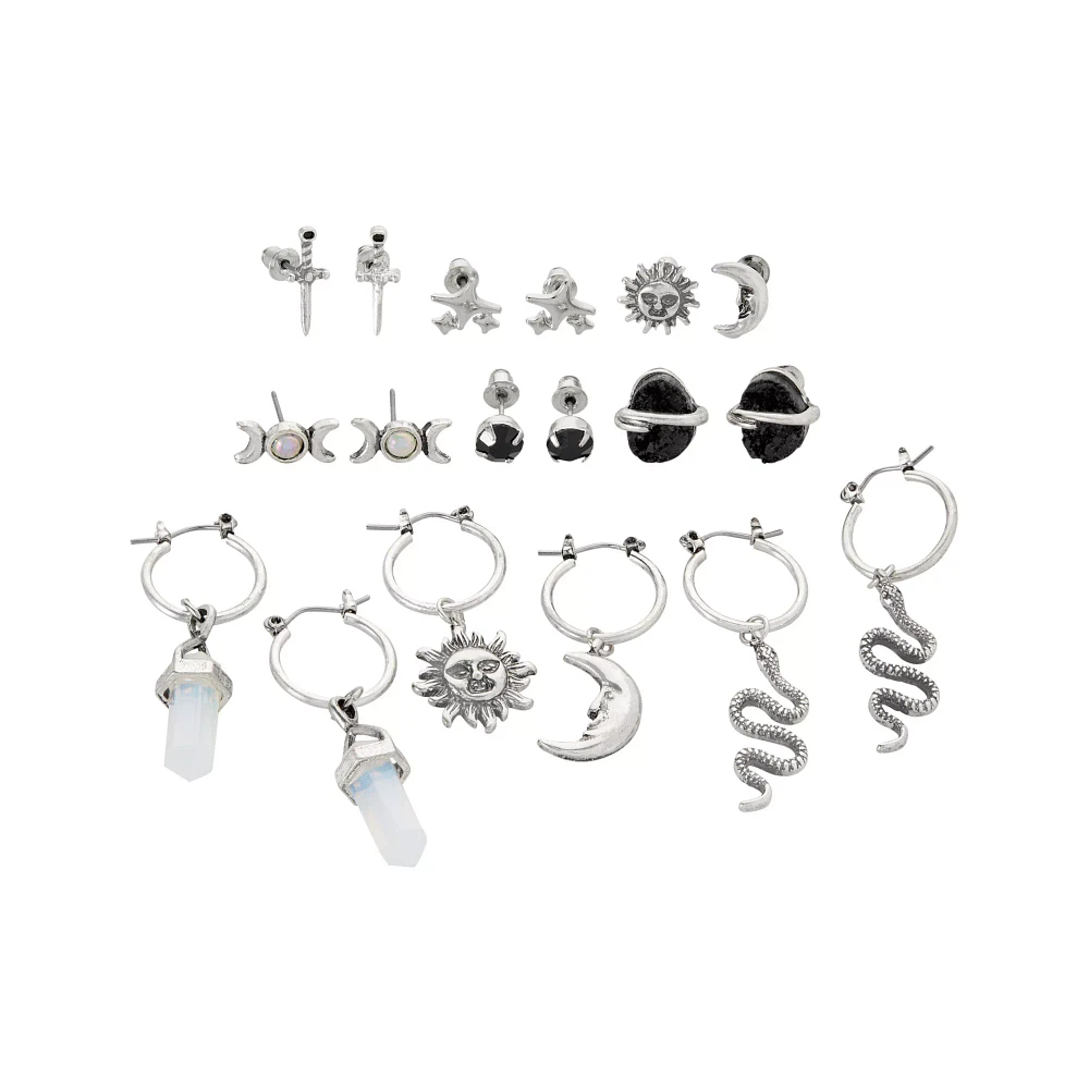 Multi-Pack Crystal Sun Snake Cross Earrings - 9 Pair