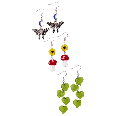 Multi-Pack Cottagecore Mushroom Leaves Dangle Earrings - 3 Pack