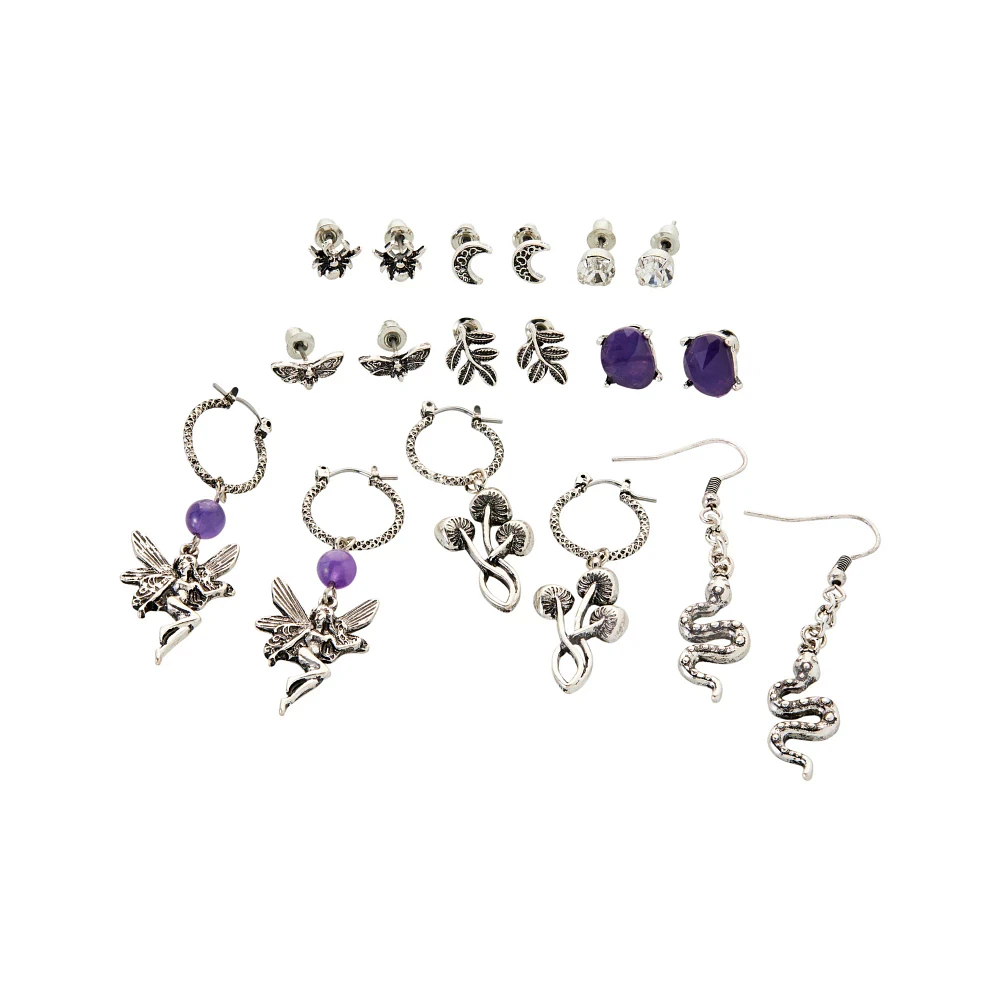 Multi-Pack Purple Fairy Snake Crystal Earrings - 9 Pack