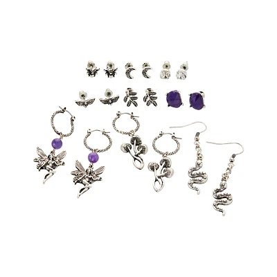 Multi-Pack Purple Fairy Snake Crystal Earrings - 9 Pack